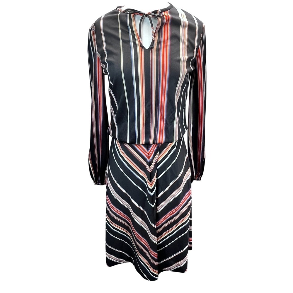 VTG Sue Brett Women Secretary Dress Chevron Stripe Tie Neck Long Sleeve Retro S